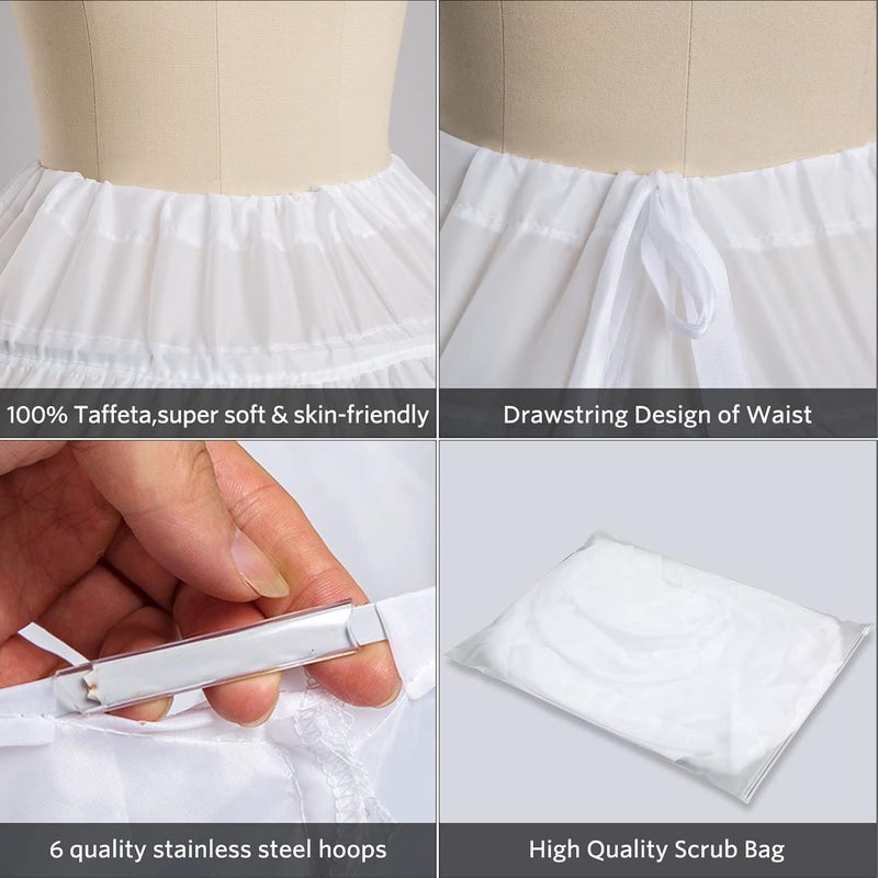 PrettyQueen Women 6 Hoop Petticoat White A-line Floor-Length Crinoline Underskirt for Bridal Wedding Dress Ball Gown - Image 4